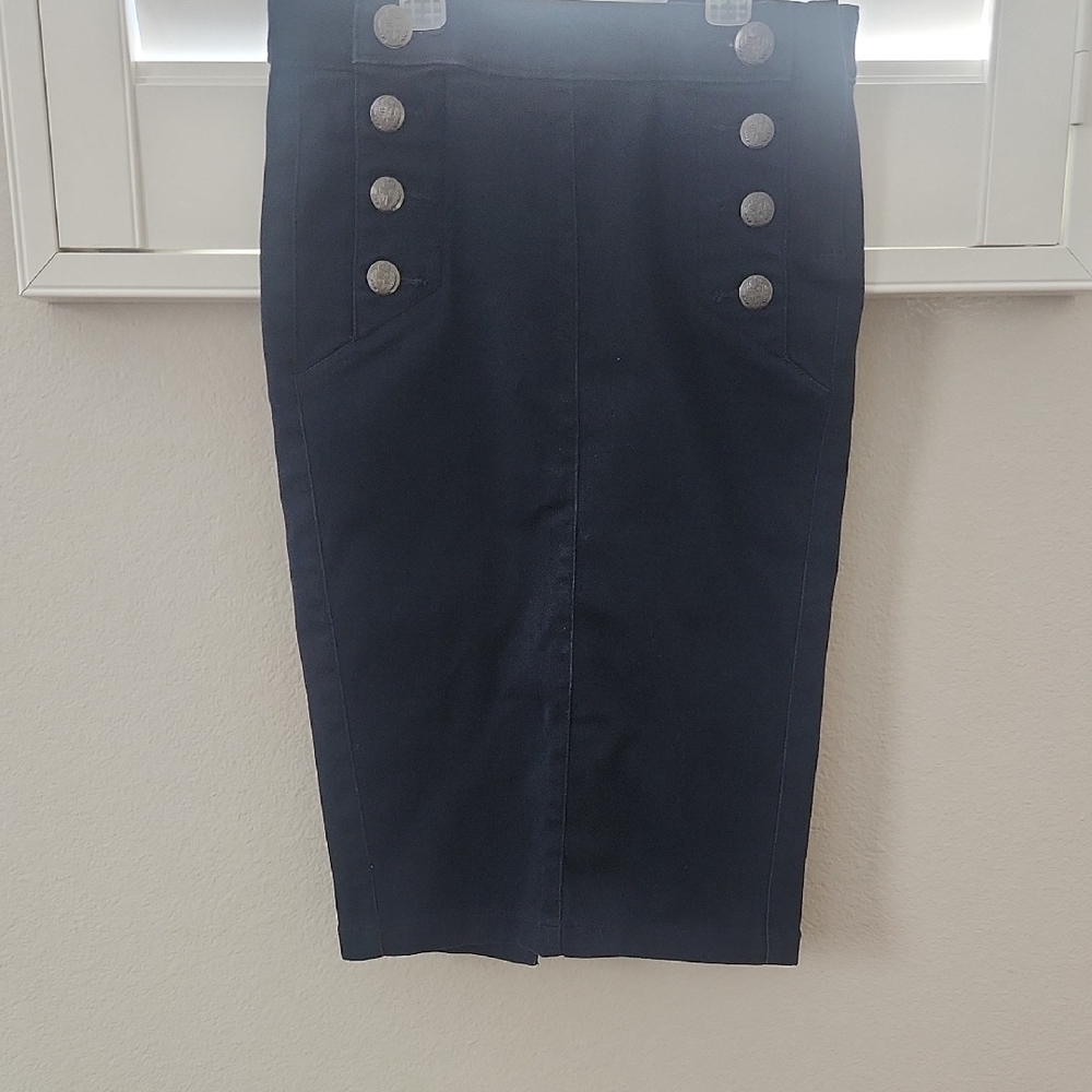 Express Navy Pencil Skirt with Silver Buttons